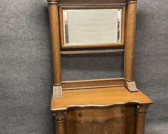 Antique Ornate Oak Empire Style Wash Stand/Chest with Heavily Carved Mirror and Column Supports, circa 1890 - FREE SHIPPING