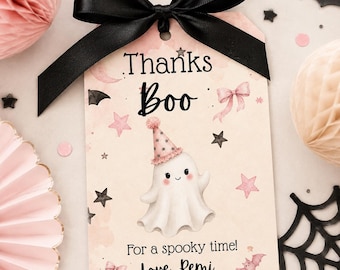 Spooky One Favor Tags, Pink Ghost 1st Birthday Thank You Tags, Halloween Party Favor Tags, Editable Canva Girl Birthday Printable