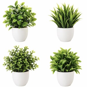 Lot de 4 Plantes Artificielles Décoratives avec Pots Blancs – Élégance & Nature pour un Intérieur Chic