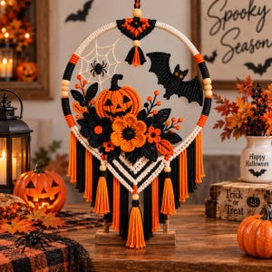 May include: A circular macrame wall hanging featuring a central orange pumpkin, a black bat, and a white spiderweb. The hoop is wrapped in orange and black cord with wooden beads, accented by black and orange flowers, and finished with tassels.