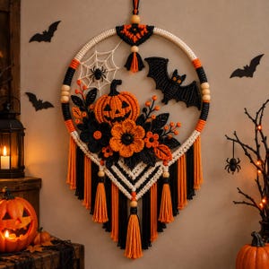 May include: A circular macrame wall hanging featuring a central orange jack-o'-lantern, black and orange flowers, a spider web with a spider, and a black bat. The design includes black and orange fringe, wooden beads, and a geometric cord pattern.