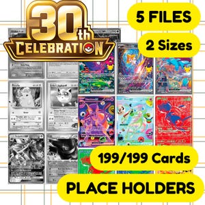 Può includere: Una collezione di design di carte collezionabili digitali con vari personaggi, tra cui Pikachu, Mew e Gengar. L'immagine include sovrapposizioni di testo che indicano 30th CELEBRATION, 5 FILES, 2 Sizes, 199/199 Cards e PLACE HOLDERS, in griglia.