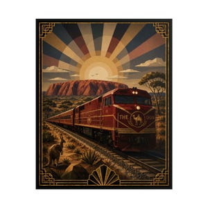 May include: A vintage-style poster featuring a red train labeled THE GHAN traveling through an Australian outback landscape. A kangaroo stands near the tracks, with a large rock formation and a sunburst pattern in the background, all framed by a gold border.