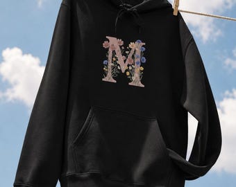 Personalized Floral Initial Hoodie, Custom Letter Sweatshirt, Botanical Design