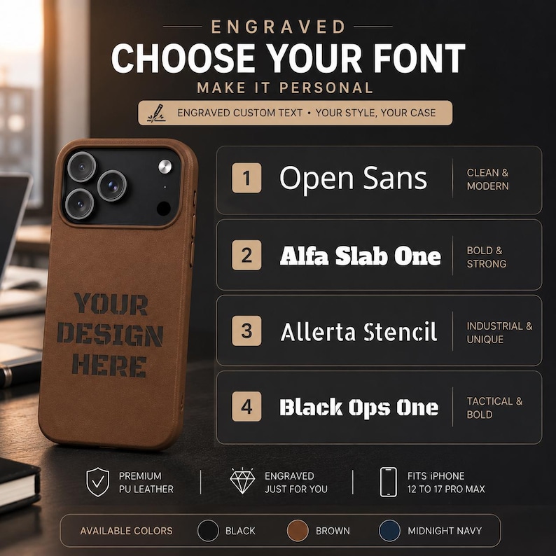 Może przedstawiać: Brązowe sk&oacute;rzane etui na telefon iPhone 12 do 17 Pro Max z napisem YOUR DESIGN HERE. Obraz przedstawia cztery opcje czcionek: Open Sans, Alfa Slab One, Allerta Stencil i Black Ops One. Dostępne kolory to czarny, brązowy i granatowy.