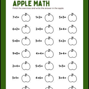 Puede incluir: Una hoja de ejercicios educativa blanca titulada APPLE MATH con un borde verde. La página presenta filas de problemas de suma simples, cada uno seguido por un contorno negro de una manzana para escribir la respuesta. Incluye campos de Nombre y Fecha.