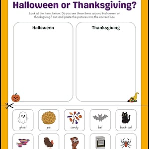 Puede incluir: Una hoja de trabajo educativa blanca con borde naranja titulada Halloween or Thanksgiving? que presenta dos columnas vacías y diez pequeñas ilustraciones que incluyen un fantasma, pastel, dulces, murciélago, gato negro, salsa, pavo, disfraz, horno y araña.