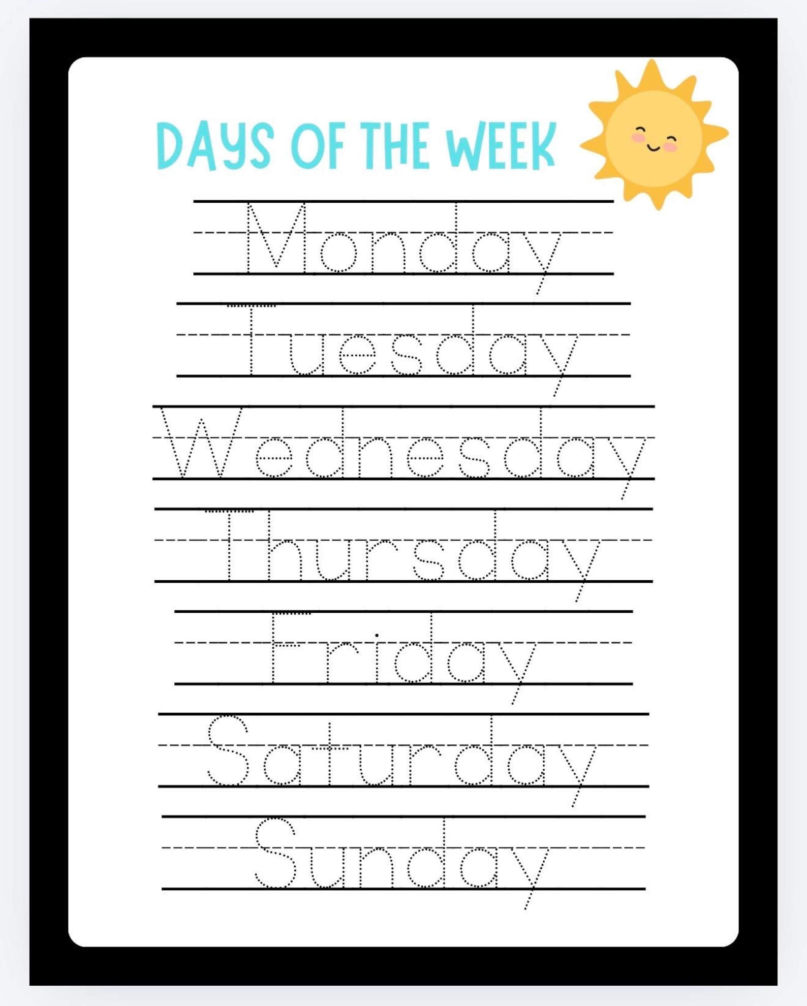 Days of the Week Tracing Worksheet | Preschool and Kindergarten - Etsy