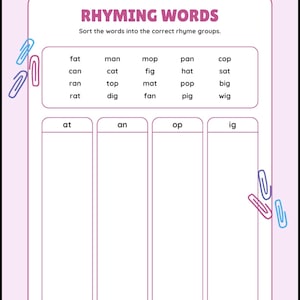 以下が含まれることがあります： RHYMING WORDSというタイトルの白い教育用ワークシート。薄いピンクの枠線と、青とピンクのペーパークリップが付いています。ページには、fat, man, mop, pan, cop, can, cat, fig, hat, sat, ran, top, mat, pop, big, rat, dig, fan, pig, wigなどの単語リストが記載されています。