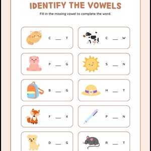 Identify the Vowels Worksheet | Missing Vowel CVC Words | Kindergarten Phonics Printable | Preschool Learning Activity | Letter Sounds