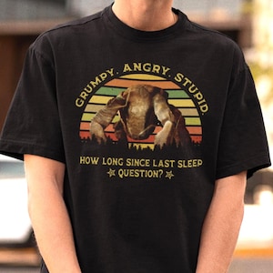 May include: A black short-sleeve t-shirt featuring a graphic of a creature above a retro sunset design. The text reads: GRUMPY. ANGRY. STUPID. HOW LONG SINCE LAST SLEEP QUESTION? The design includes a forest silhouette and two small star icons.