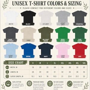 May include: A color chart for unisex t-shirts displaying fifteen color options including white, black, grey, green, blue, pink, and red. Below the shirts is a size chart with measurements in inches for sizes S through 5XL, plus fabric details.