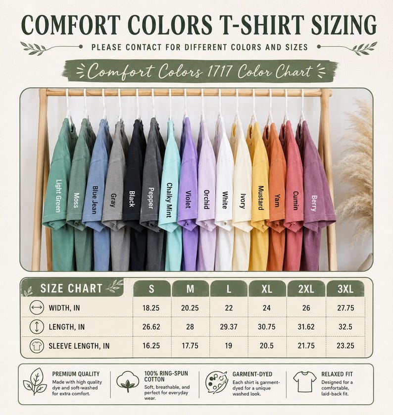 以下が含まれることがあります： Comfort Colors 1717 Tシャツのカラーチャート。木製のラックに、Light Green、Moss、Blue Jean、Gray、Black、Pepper、Chalky Mint、Violet、Orchid、White、Ivory、Mustard、Yam、Cumin、Berryとラベル付けされた15色のTシャツが掛けられています。