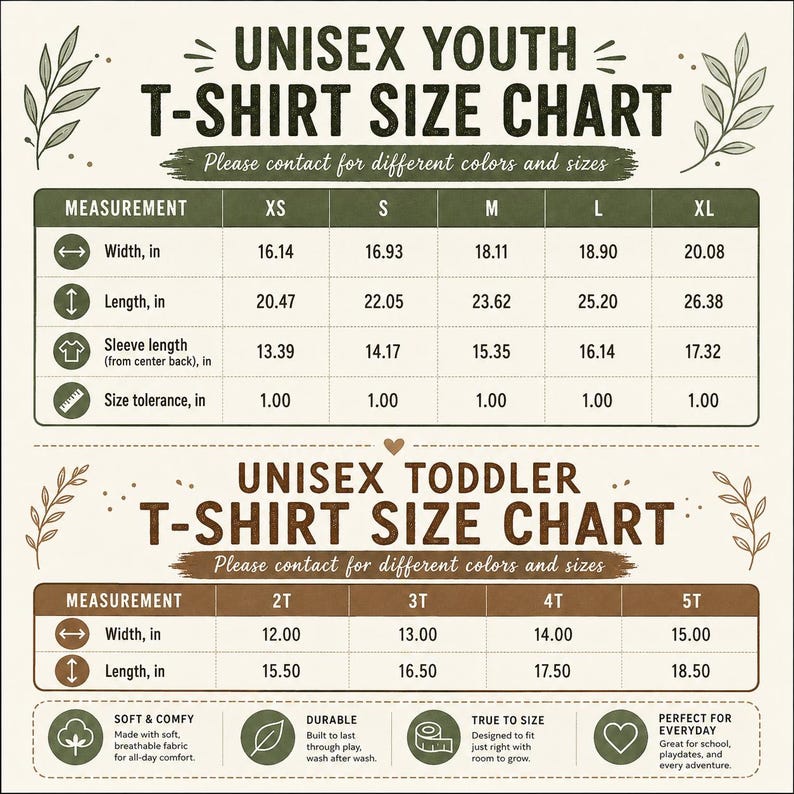 以下が含まれることがあります： 若者および幼児向けのユニセックスTシャツサイズチャート。インチ単位の測定値が記載された2つの表で構成されています。若者用はXSからXL、幼児用は2Tから5Tまでのサイズがリストされており、幅、長さ、袖丈を示すアイコンが含まれています。