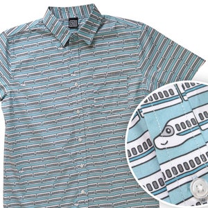 Japanese Bullet Train Shirt - Shinkansen - Light Blue Striped Button Up Shirt - Striped / Stripy - Casual Unisex Shirt - Japan Gifts
