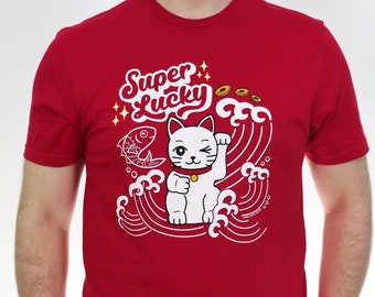 Lucky Cat T-Shirt - "Super Lucky" - Red Maneki Neko Shirt - Japan / Japanese Gifts - Cute, Kawaii - Mens / Womens Graphic Tees