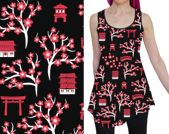Magical Kyoto Tunic - Black Sleeveless Top for Women - Japanese Dress - Cherry Blossom / Sakura / Ladies Clothing - Japan - Asymmetric
