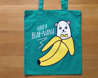 Emerald Green "Bearnana" Tote Bag, Cute Banana Bear Shoulder Bag - Funny Puns Kawaii Shopping Bag