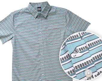 Japanese Bullet Train Shirt - Shinkansen - Light Blue Striped Button Up Shirt - Striped / Stripy - Casual Unisex Shirt - Japan Gifts