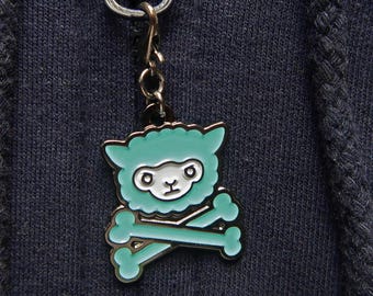 Llama and Crossbones Charm / Zip Pull / Bag Charm - Cute Alpaca Clip-On Charm - Alternative, Kawaii Skull & Crossbones Zipper Charm