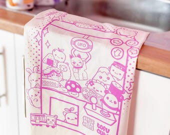 UFO Catcher Tea Towel - Cute Pastel Pink Tea Towel - Japanese Arcades Design - Kawaii Characters - Cute Kitchen Gift - Dish Cloth