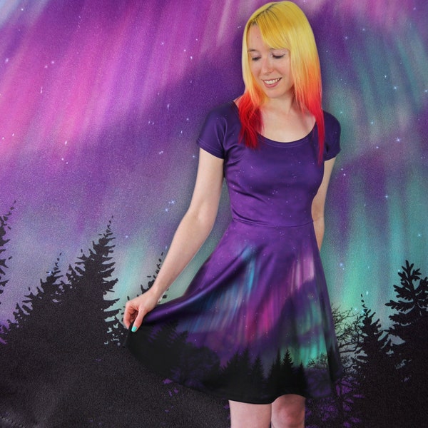 Northern Lights Dress - Aurora Borealis - Night Sky / Galaxy / Celestial - Cute Dress for Women - Casual Skater Dress  - Alternative Fashion