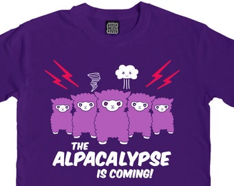 Alpacalypse Alpaca T-Shirt - Womens / Mens Clothing - Funny T-Shirts - V-Neck Top - Llama / Alpaca Gift - Cute / Kawaii Fashion - Purple