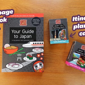 Pu&ograve; includere: Un libro di 300 pagine intitolato "Your Guide to Japan" con illustrazioni della cultura e della cucina giapponese, e due mazzi di carte "Japan Trip Planning". Gli oggetti sono su una superficie di legno.