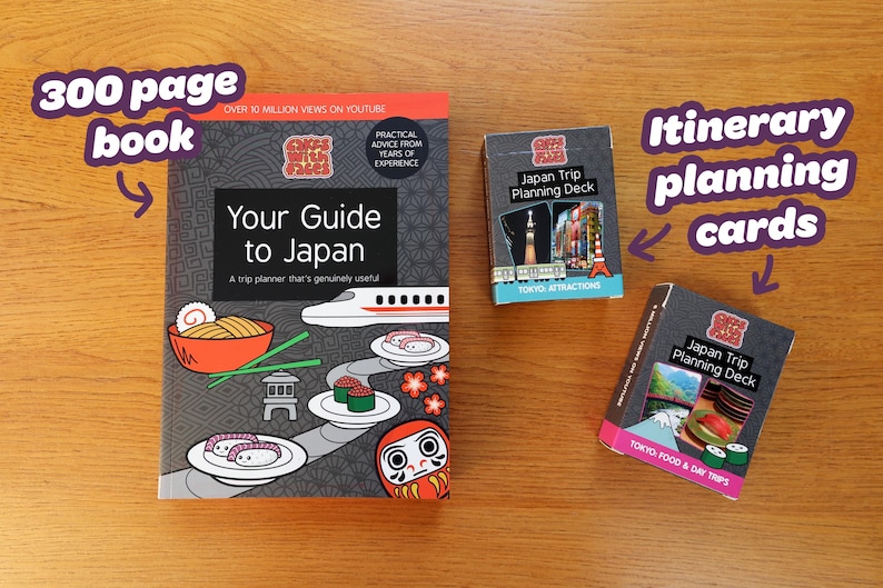 Pu&ograve; includere: Un libro di 300 pagine intitolato "Your Guide to Japan" con illustrazioni della cultura e della cucina giapponese, e due mazzi di carte "Japan Trip Planning". Gli oggetti sono su una superficie di legno.