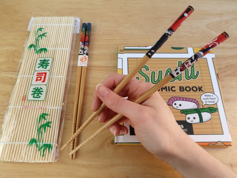 How to Make Sushi Recipe Comic Book Gift Set inc. Japanese chopsticks & sushi rolling mat Cute Sushi Gift Japan Gift Sushi making set image 3