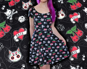Cute Cat Dress: Size 6 - 20 - CATTOOS Cat Tattoo Dress - Cute Dress for Women - Skater Dress - Cat Clothing - Alternative Fashion