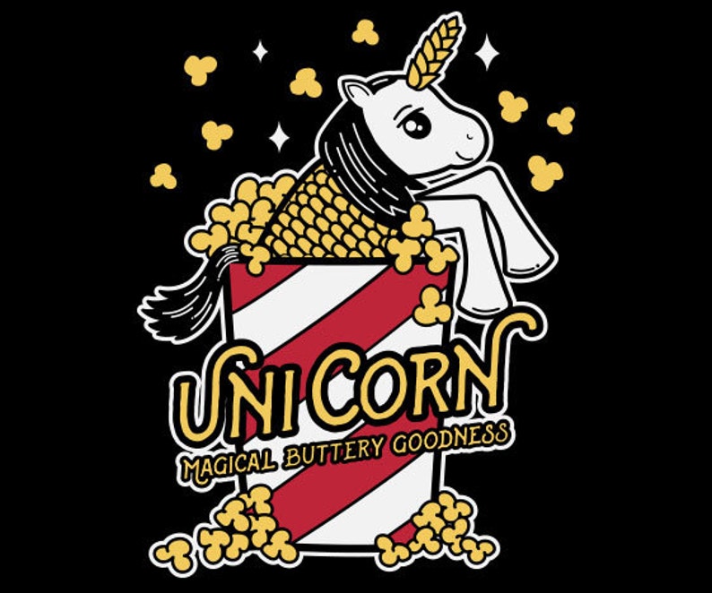 May include: A white unicorn with a yellow horn and mane is sitting in a red and white striped popcorn bucket. The unicorn is surrounded by yellow popcorn kernels. The text "Unicorn Magical Buttery Goodness" is written below the bucket.