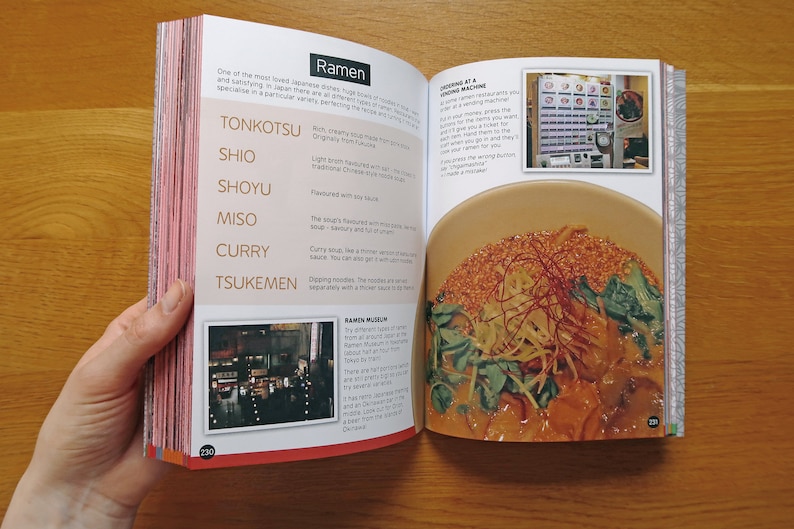 Pages about ramen with colourful photos, explaining different types of ramen and how to order at restaurants with vending machine ordering systems.