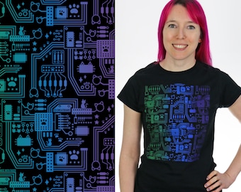 Circatboard T-Shirt, a Black T-Shirt with a Cute Cat Circuit Board Pattern - Electronics - Quirky / Geek / Geeky Graphic Tees