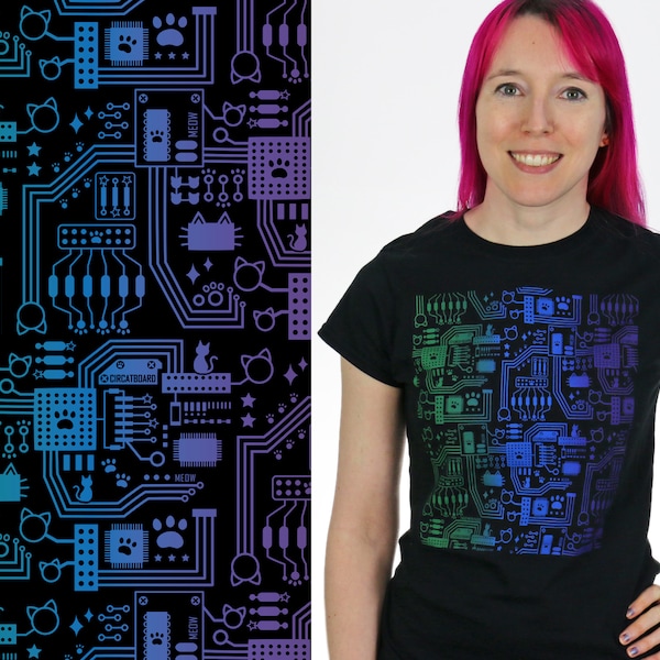 Circatboard T-Shirt, a Black T-Shirt with a Cute Cat Circuit Board Pattern - Electronics - Quirky / Geek / Geeky Graphic Tees