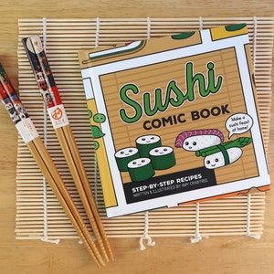 How to Make Sushi Recipe Comic Book Gift Set inc. Japanese chopsticks & sushi rolling mat Cute Sushi Gift Japan Gift Sushi making set image 1