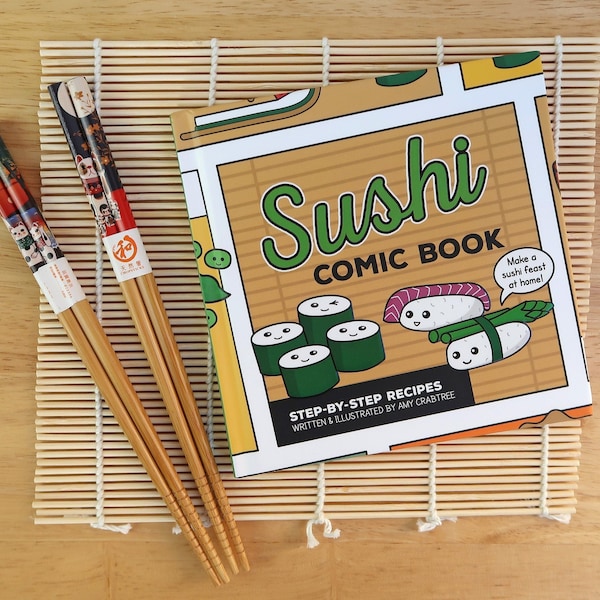 How to Make Sushi Recipe Comic Book Gift Set inc. Japanese chopsticks & sushi rolling mat - Cute Sushi Gift - Japan Gift - Sushi making set