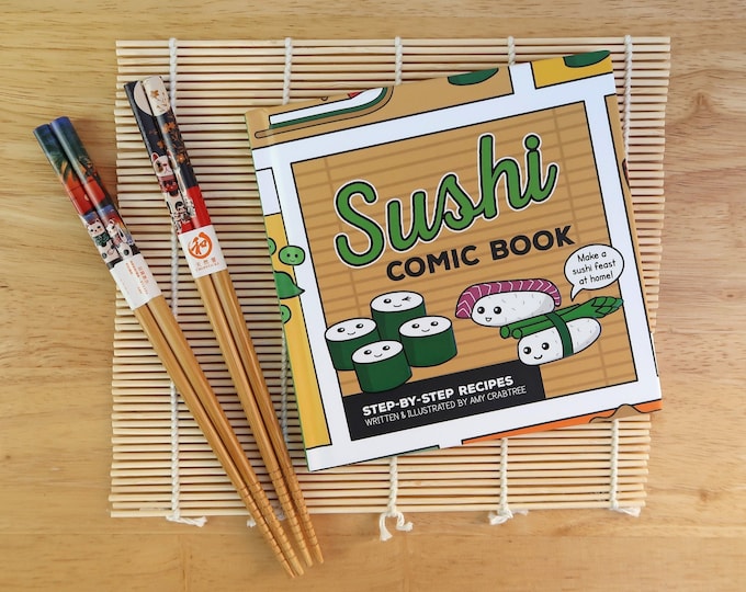 How to Make Sushi Recipe Comic Book Gift Set inc. Japanese chopsticks & sushi rolling mat - Cute Sushi Gift - Japan Gift - Sushi making set