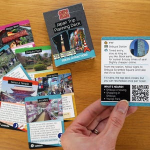 Op de afbeelding: Een set kleurrijke kaarten met afbeeldingen en tekst over attracties in Tokio. De kaarten maken deel uit van een Japanse reisplanningsset. E&eacute;n kaart toont een foto van het Shibuya Scramble Square en bevat informatie over de tijdgestuurde toegang, het online boeken van tickets en nabijgelegen attracties.