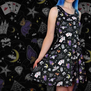 Battoos Bat Dress - Black Velvet Skater Dress - Adult Halloween Party Dress for Women, Goth / Gothic / Alternative / Occult / Witchy Clothes