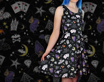 Battoos Bat Dress - Black Velvet Skater Dress - Adult Halloween Party Dress for Women, Goth / Gothic / Alternative / Occult / Witchy Clothes