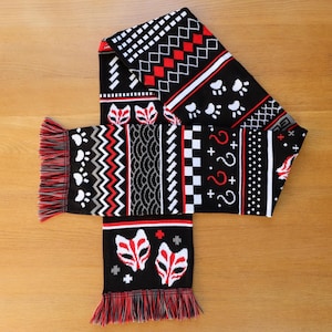 Japanischer Fuchs (Kitsune) Schal - Gestrickter Winterschal - Unisex Erwachsener Schal - Rot, Schwarz, Weiß Fuchs Muster Schal - Japan Geschenke
