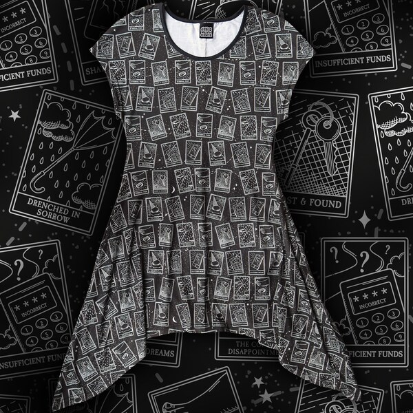 Tarot Tunic - Black & White Asymmetric Womens Top with Tarot Cards Pattern - Occult / Goth / Gothic Dress for Women - Alternative Fashion