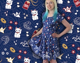 Lucky Cat Dress in Blue - Maneki Neko - Japanese Dress - Womens Clothing - Japan - Kawaii - Short Sleeve Skater Dress - Navy Blue