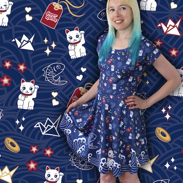 Robe porte-bonheur bleue - Maneki Neko - Robe japonaise - Vêtements pour femmes - Japon - Kawaii - Robe patineuse à manches courtes - Bleu marine