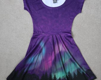 Northern Lights Dress with Printing Error - Size Small - Aurora Borealis Night Sky Dress in Purple - Skater Dress