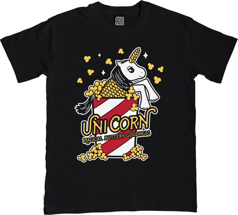 May include: Black t-shirt with a white unicorn in a red and white striped popcorn bucket. The unicorn is surrounded by yellow popcorn and the text "Unicorn Magical Buttery Goodness" is below the bucket.
