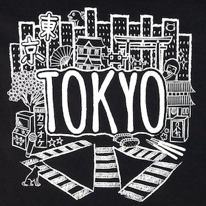 May include: Black and white illustration of a cityscape with the word "TOKYO" in a large, bold font. The illustration includes buildings, a cherry blossom tree, a karaoke machine, a cat, and a traditional Japanese gate.