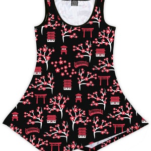 May include: Black sleeveless dress with a white and red print of cherry blossoms, pagodas, and torii gates.