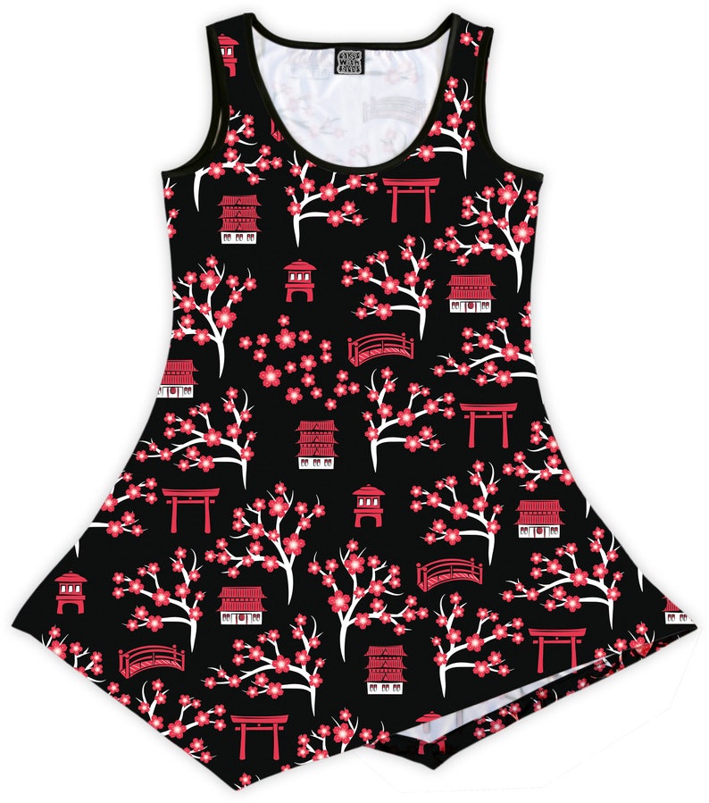 May include: Black sleeveless dress with a white and red print of cherry blossoms, pagodas, and torii gates.